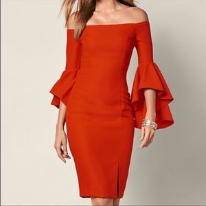 Red orange bell sleeve midi dress